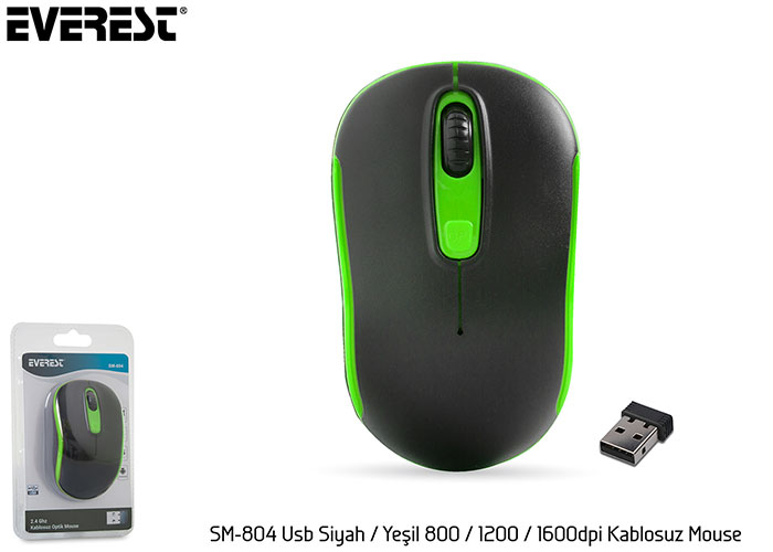 Everest%20SM-804%20Usb%20Siyah-Yeşil%20800-1200-1600dpi%20Kablosuz%20Mouse