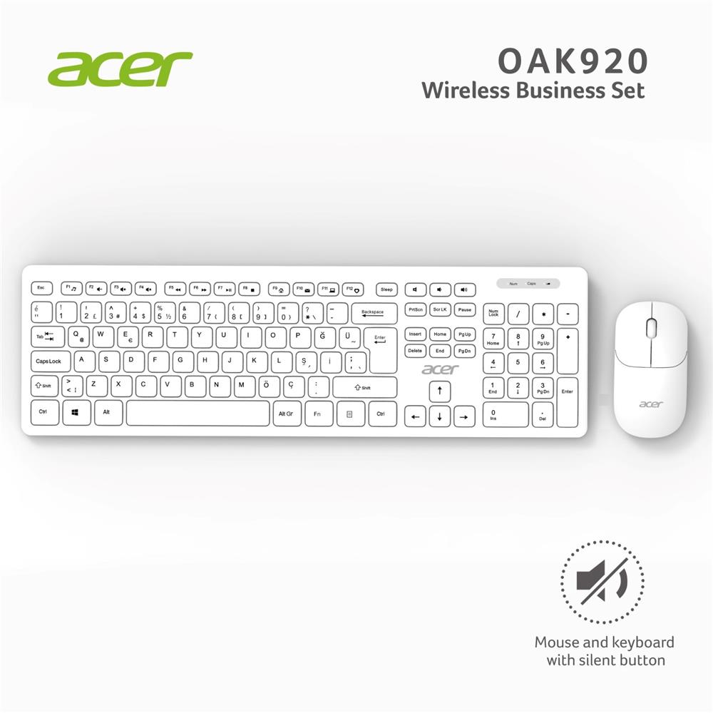 Acer%20OAK-920%20%20Beyaz%20Kablosuz%20Sessiz%20Tuşlu%20%202.4Ghz%20Klavye%20Moue%20Set%20Beyaz%20(Mouse%201200Dpı)%20Caps%20Lock