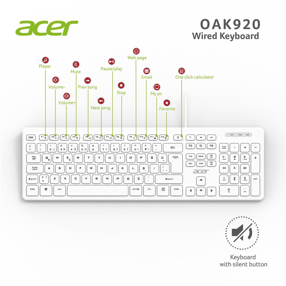 Acer%20OAK920%20Q%20Usb%20Beyaz%201.8mt%20Kablolu%20Klavye-Tek%20Tuş%20Hesap%20Makinalı%20(Sessiz%20Tuş)