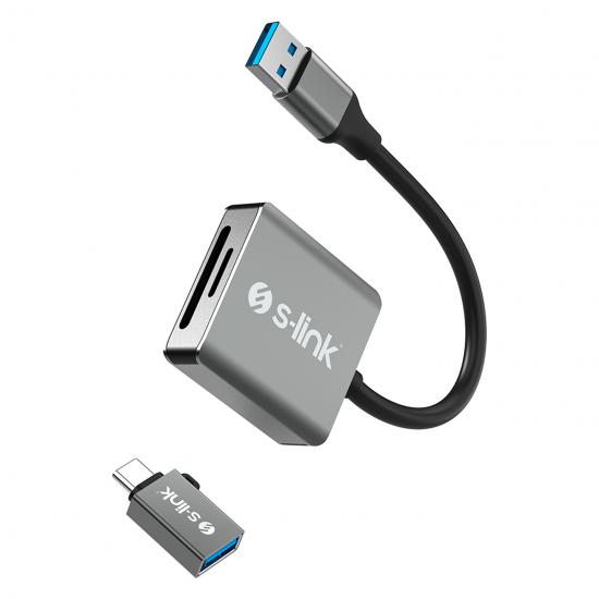 S-link SL-CR21 TypeC ve USB3.0 SD-Micro SD 110M-S Hızlı 2 in 1 Metal Kart Okuyucu