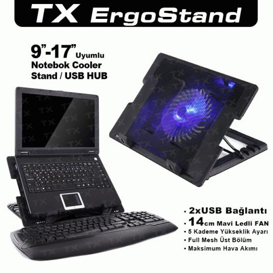 TX TXACNBERGST ErgoStand 14cm Led Fan’lı 5 KademeLİ 2xUsb 9’’-17’’ Notebook Soğutucu-Stand