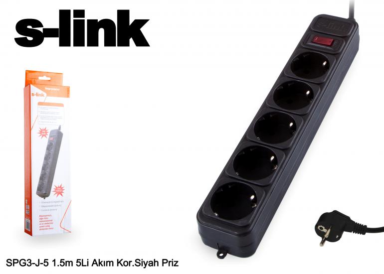 S-LINK SPG3-J-5 5li Siyah 1.5mt 306Joule Akım Koruyuculu Priz