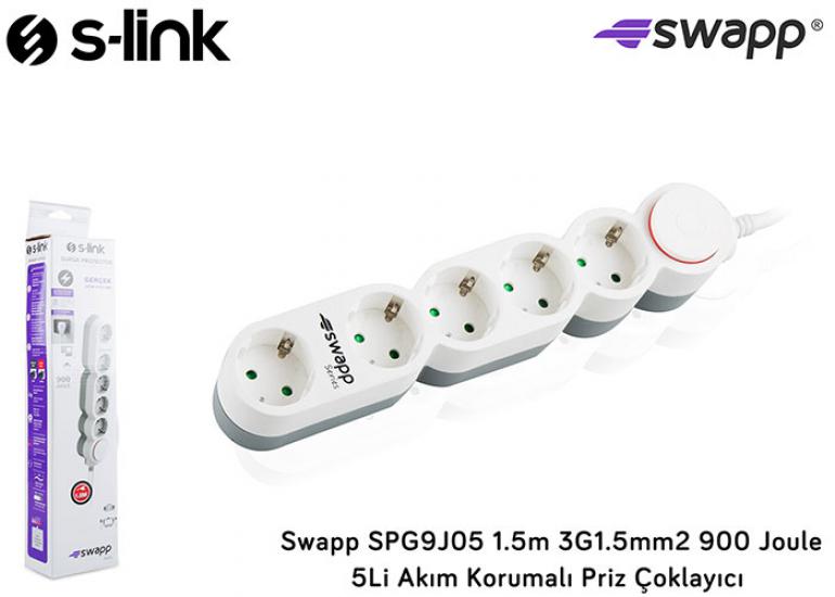 S-link Swapp SPG9J05 1.5m 3G1.5mm2 900 Joule 5Li Akım Kor. Priz Çoklayıcı