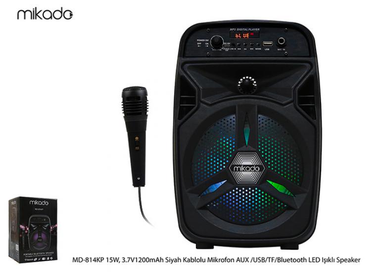 Mikado MD-814KP 15W,3.7V1200mAh Siyah Kablolu Mikrofon AUX -USB-TF-Bluetooth FM’li LED Işıklı Anfi