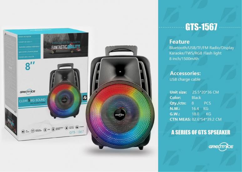 GTS-1567 8’’ Siyah Mikrofonlu Bleutooth-Fm-Usb Küçük El Anfisi RGB