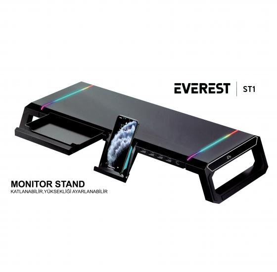 Everest ST1 4 USB Hub RGB Işıklı Katlanabilir Yükseklik Ayarlı Siyah Monitör Standı