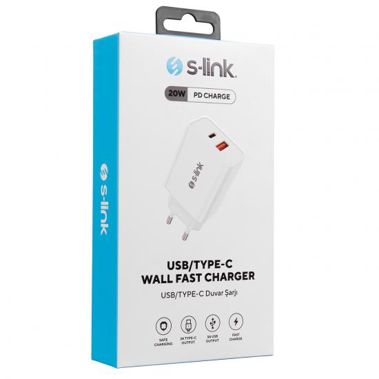S-link SL-EC60 20W PD3.0-Quick Charge QC3.0 Type USB-C +USB A Hızlı Beyaz Ev Şarj Adaptör