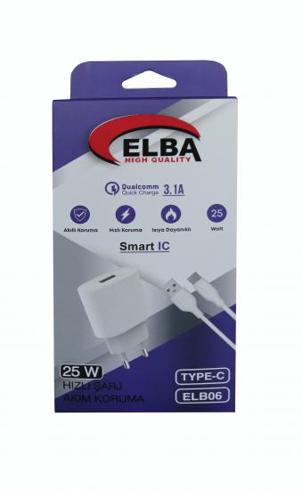 Elba ELB06-USB-25WTypc  Beyaz Usb 25W Şarj Kafa+1Mt Usb Type-c Kablo QC4.0 (Akım Koruma-Hızlı Şarj)