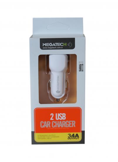 Megatech T05 2Usb 3.4A Beyaz Araç Çakmaklık Şarj Cihazı